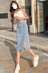 Sexy Midi-Jeansröcke mit hoher Taille und Schlitz